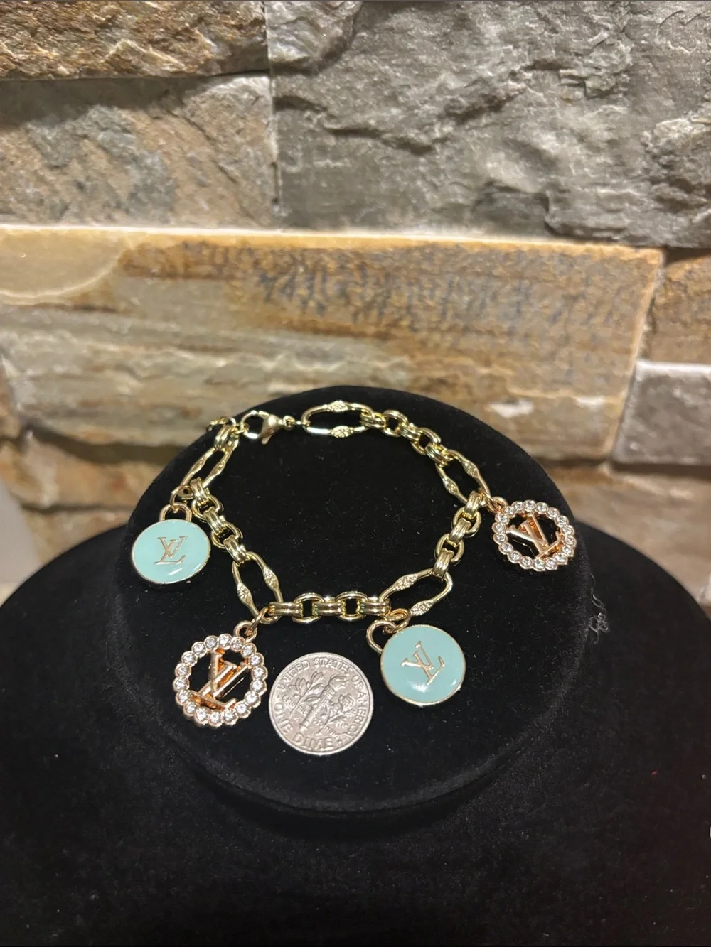 Gold Charm Bracelet with baby blue Enamel and Crystal Accents